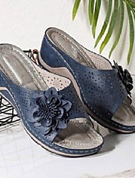 cheap -Women&#039;s Sandals Comfort Shoes Flower Wedge Heel Round Toe PU Loafer Solid Colored Dark Brown White Black