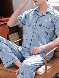 cheap -Men&#039;s Normal Pajamas Loungewear Sleepwear 2 Pieces Stripes Casual Daily Home Cotton Button Down Collar Blouse Pant Wide Leg Buckle Spring &amp; Summer Blue Gray / Shirt / Short Sleeve