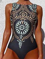 cheap -Women&#039;s Swimwear One Piece Monokini Bathing Suits Normal Swimsuit Tummy Control Slim Floral Black Beige Scoop Neck Bathing Suits Sports Active Casual / Sexy / New / Padded Bras