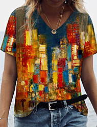 cheap -Women&#039;s Abstract 3D Printed Painting T shirt Scenery 3D Print V Neck Basic Tops Yellow