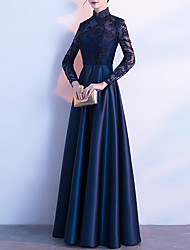 cheap -A-Line Chinese Style Vintage Prom Formal Evening Dress Stand Collar Long Sleeve Floor Length Satin with Pleats Appliques 2022