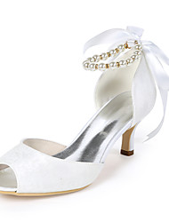 cheap -Women&#039;s Wedding Shoes Ankle Strap Heels Wedding Heels Wedding Sandals Bridal Shoes Pearl Ribbon Tie Kitten Heel Peep Toe Wedding Lace Lace-up Floral Light Purple White Ivory