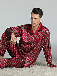 cheap -men&#039;s luxury silk satin pajamas set button down two-pieces long sleeve sleepwear classic printed loungewear