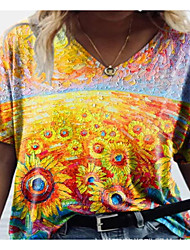 cheap -Women&#039;s Floral Theme Abstract Painting T shirt Floral Sunflower Print V Neck Basic Tops Blue Yellow Orange