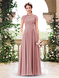 cheap -A-Line Bridesmaid Dress Jewel Neck Short Sleeve Elegant Floor Length Chiffon / Lace with Pleats 2022