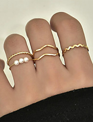 cheap -5pcs Ring Set Classic Gold Imitation Pearl Alloy Wave Vintage European Trendy 1 set One Size