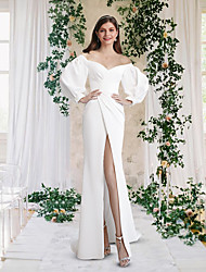 cheap -Sheath / Column Wedding Dresses Off Shoulder Sweep / Brush Train Stretch Fabric Half Sleeve Simple with Split Front 2022