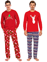 cheap -Men&#039;s Pajamas Loungewear Suits Sleepwear 1 set Cartoon Plush Fashion Soft Home Christmas Bed Cotton Crew Neck Pant Print Fall Spring Red Navy Blue / Long Sleeve