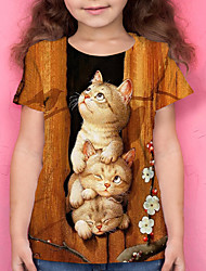 cheap -Kids Girls&#039; T shirt Tee Short Sleeve Cat 3D Print Cat Animal Print Green Black Light Brown Children Tops Summer Active School Daily Wear Regular Fit 4-12 Years