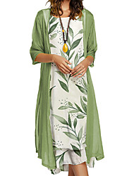 cheap -Women&#039;s Two Piece Dress Midi Dress Green Pink 3/4 Length Sleeve Floral Print Fall Spring Round Neck Elegant Casual Loose 2022 M L XL XXL 3XL 4XL