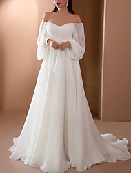cheap -A-Line Wedding Dresses Off Shoulder Sweep / Brush Train Chiffon Long Sleeve Simple with Pleats 2022