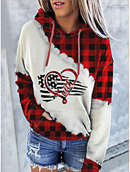 cheap -Women&#039;s Hoodie Sweatshirt Plaid Checkered Heart American Flag Front Pocket Print Casual Sports Weekend 3D Print Active Streetwear Hoodies Sweatshirts  Red