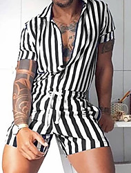 cheap -Men&#039;s Stylish One Piece Short Sleeve Rompers Jumpsuit with Pockets Casual Sporty Drawstring Waist One Piece Shorts Set Casual Coverall Stripe Print Pants Daily Sports Comfort  Blue Black M