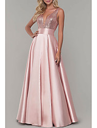 cheap -A-Line Sparkle Prom Formal Evening Dress V Neck Sleeveless Floor Length Satin with Pleats Sequin 2022