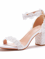 cheap -Women&#039;s Wedding Shoes Ankle Strap Heels Wedding Sandals Bridal Shoes Pearl Lace Chunky Heel Open Toe Party Wedding Faux Leather Ankle Strap Solid Colored White