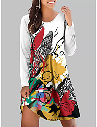 cheap -Women&#039;s Loose Knee Length Dress Black And White Red and White White Floral White painted Black Red Long Sleeve Multi Color Floral Print Fall Spring Round Neck Casual 2022 S M L XL 2XL 3XL