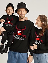 cheap -Christmas Tops Sweatshirt Family Look Cotton Plaid Deer Letter Christmas Gifts Print Black Red White Long Sleeve Basic Matching Outfits / Fall / Winter / Spring