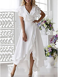 cheap -A-Line Mother of the Bride Dress Elegant V Neck Asymmetrical Chiffon Short Sleeve with Ruffles Split Front 2022
