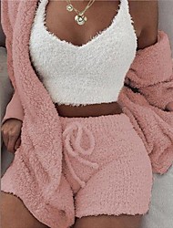 cheap -Women&#039;s Warm Gift Pajamas Sets Home Party Street Valentine&#039;s Day Polyester Plush Simple Soft Sport Strap Top Shorts Fall Long Sleeve Sleeveless