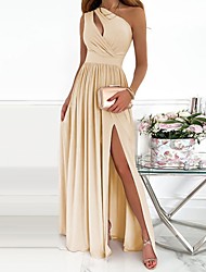 cheap -A-Line Minimalist Sexy High Split Wedding Guest Engagement Formal Evening Dress One Shoulder Sleeveless Floor Length Stretch Chiffon with Pleats Slit Pure Color 2022
