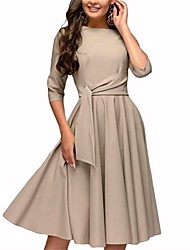 cheap -Women&#039;s A Line Dress Knee Length Dress Green Navy Blue Beige Half Sleeve Pure Color Ruched Lace up Fall Spring Round Neck Work Elegant Vintage Party 2022 S M L XL XXL