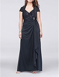 cheap -Sheath / Column Mother of the Bride Dress Elegant V Neck Floor Length Polyester Short Sleeve with Beading Sequin 2022