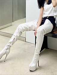 cheap -Women&#039;s Boots Over The Knee Boots Beading Stiletto Heel Round Toe Party PU Synthetics Zipper White Black