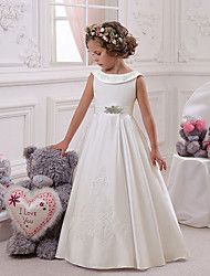 cheap -Princess Floor Length Flower Girl Dresses Christmas Mikado Sleeveless Boat Neck with Appliques 2022 / First Communion