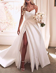 cheap -A-Line Wedding Dresses Sweetheart Neckline Court Train Satin Sleeveless Simple Sexy with Split Front 2022