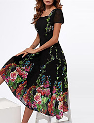 cheap -Women&#039;s A Line Dress Midi Dress Blue Black Pink Fuchsia Short Sleeve Floral Print Spring Summer Round Neck Elegant Casual 2022 S M L XL XXL 3XL
