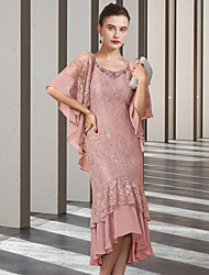 cheap -Sheath / Column Mother of the Bride Dress Elegant Jewel Neck Asymmetrical Tea Length Chiffon Lace Half Sleeve with Beading Ruffles Appliques 2022