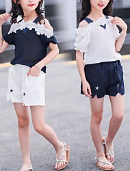 cheap -Kid&#039;s Girls&#039; T-shirt &amp; Shorts 2 Pieces Short Sleeve Navy Sleeveless striped skirt White Flower / Floral Dot Cotton Chic &amp; Modern Elegant &amp; Luxurious