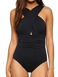 cheap -Women&#039;s Swimwear One Piece Monokini Bathing Suits Normal Swimsuit Tummy Control Open Back Cross Solid Color Black Red Padded Plunge Bathing Suits Sexy Vintage Sexy / Strap / New / Padded Bras / Slim