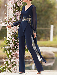cheap -Pantsuit / Jumpsuit Mother of the Bride Dress Elegant V Neck Floor Length Chiffon Lace Long Sleeve with Appliques 2022