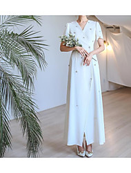 cheap -Sheath / Column Wedding Dresses V Neck Ankle Length Satin Short Sleeve Simple Vintage Little White Dress with Buttons 2022