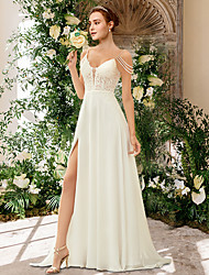 cheap -A-Line Wedding Dresses Sweetheart Neckline Spaghetti Strap Sweep / Brush Train Chiffon Lace Sleeveless Simple Sexy with Beading Appliques Split Front 2022