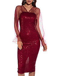 cheap -A-Line Elegant Vintage Holiday Party Wear Dress V Neck Long Sleeve Knee Length Tulle with Sequin Slit Polka Dot 2022