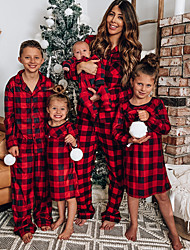 cheap -Family Look Pajamas Cotton Plaid Christmas Gifts Dark Red Long Sleeve Elegant Matching Outfits / Fall / Winter / Vacation