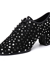 cheap -Women&#039;s Latin Shoes Practice Trainning Dance Shoes Professional Outdoor ChaCha Heel Gypsophila Pattern / Print Star Thick Heel Lace-up Black