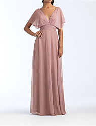 cheap -A-Line Bridesmaid Dress V Neck Short Sleeve Elegant Floor Length Chiffon with Pleats 2022