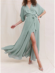 cheap -A-Line Bridesmaid Dress V Neck Half Sleeve Elegant Ankle Length Chiffon with Sash / Ribbon / Split Front 2022
