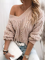 cheap -Women&#039;s Pullover Sweater Knitted Beads Solid Color Stylish Basic Casual Long Sleeve Sweater Cardigans Stand Collar Fall Winter Blushing Pink Gray Beige