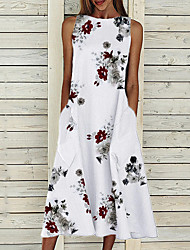 cheap -Women&#039;s A Line Dress Midi Dress White Black Sleeveless Floral Abstract Print Summer Round Neck Casual 2022 S M L XL XXL 3XL