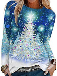 cheap -Women&#039;s Floral Theme Painting T shirt Graphic Snowflake Christmas Tree Long Sleeve Print Round Neck Basic Tops Regular Fit Blue / 3D Print