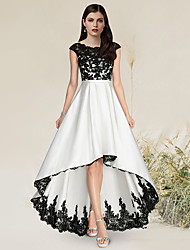cheap -A-Line Elegant Engagement Formal Evening Dress Jewel Neck Sleeveless Asymmetrical Satin with Appliques 2022