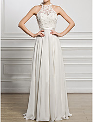 cheap -Sheath / Column Wedding Dresses Halter Neck Floor Length Chiffon Lace Sleeveless Romantic with Beading Appliques 2022