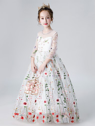 cheap -Ball Gown Floor Length Flower Girl Dresses First Communion Lace 3/4 Length Sleeve Jewel Neck with Faux Pearl 2022 / Formal Evening