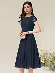 cheap -A-Line Flirty Elegant Homecoming Wedding Guest Dress Jewel Neck Short Sleeve Tea Length Chiffon with Pleats 2022