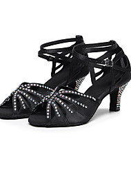 cheap -Women&#039;s Latin Shoes Heels Party / Evening Stage Practise High Heel Crystal / Rhinestone High Heel Pumps Open Toe Black Buckle Glitter Crystal Sequined Jeweled / Satin / Satin / Silk