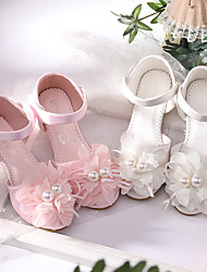 cheap -Girls&#039; Heels Flower Girl Shoes Satin Wedding Dress Shoes Little Kids(4-7ys) Big Kids(7years +) Wedding Party Party &amp; Evening Pearl Flower Light Pink Ivory Fall Summer